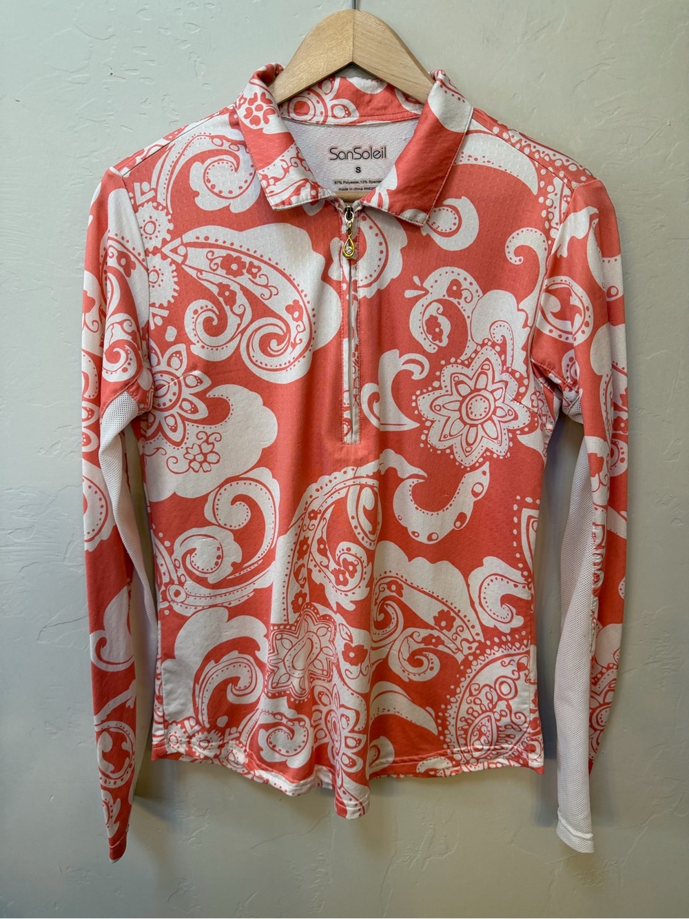 SanSoleil Orange Paisley Long Sleeve 1/4 Zip UPF 50 Size Small FLAW